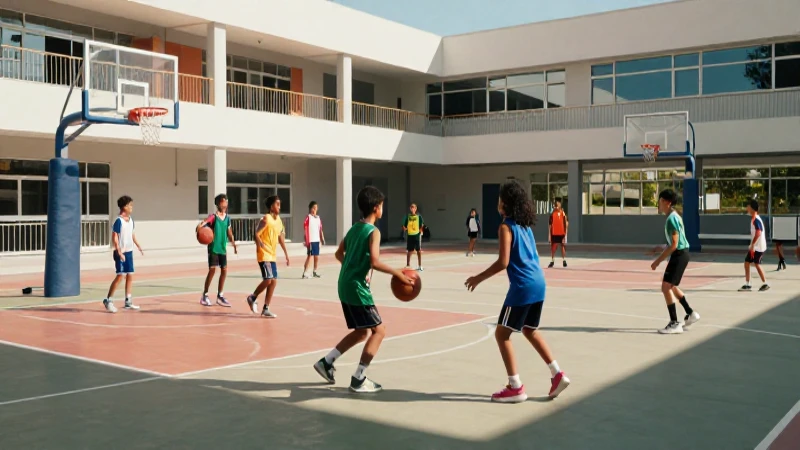 Alumnos mexicanos juegan baloncesto en un campus moderno