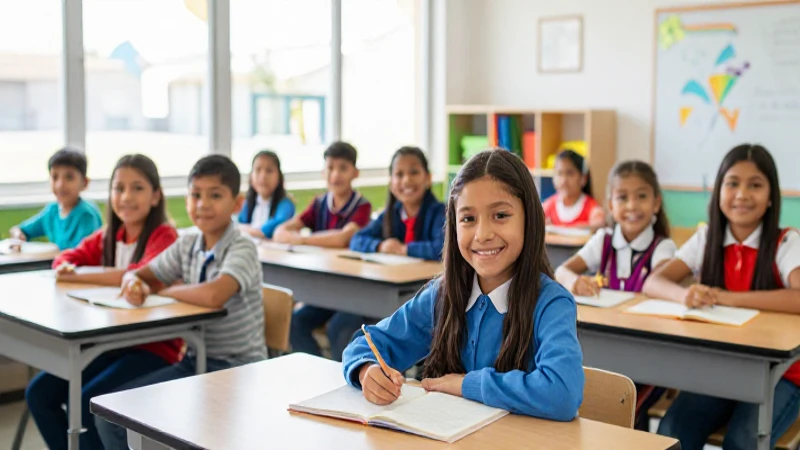 Niños mexicanos sonríen en un aula luminosa