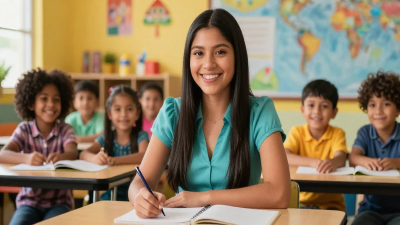 Maestra mexicana y estudiantes felices