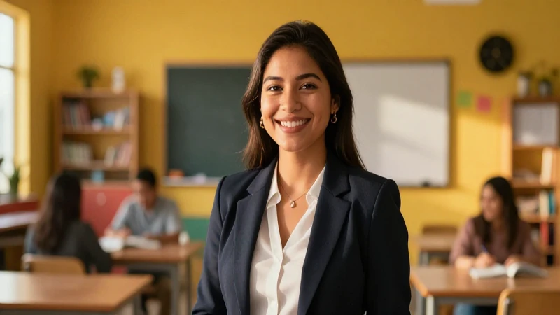 Maestra mexicana sonriente en aula moderna