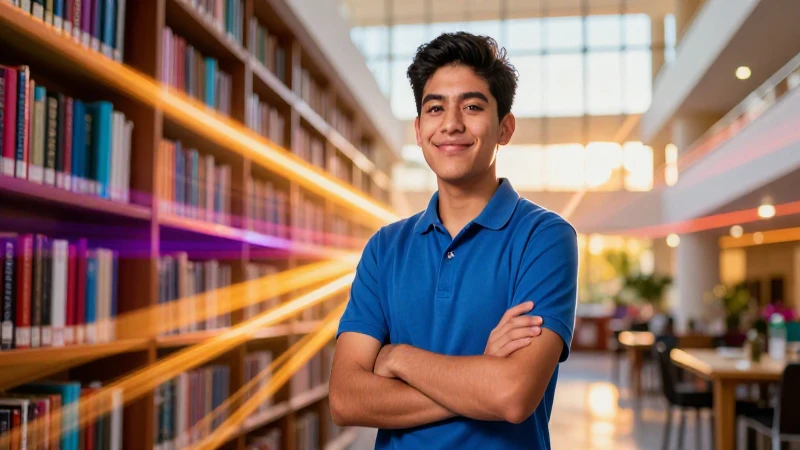 Estudiante mexicano en biblioteca, luz cinematográfica