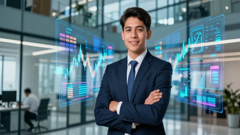 Joven mexicano exitoso en oficina moderna