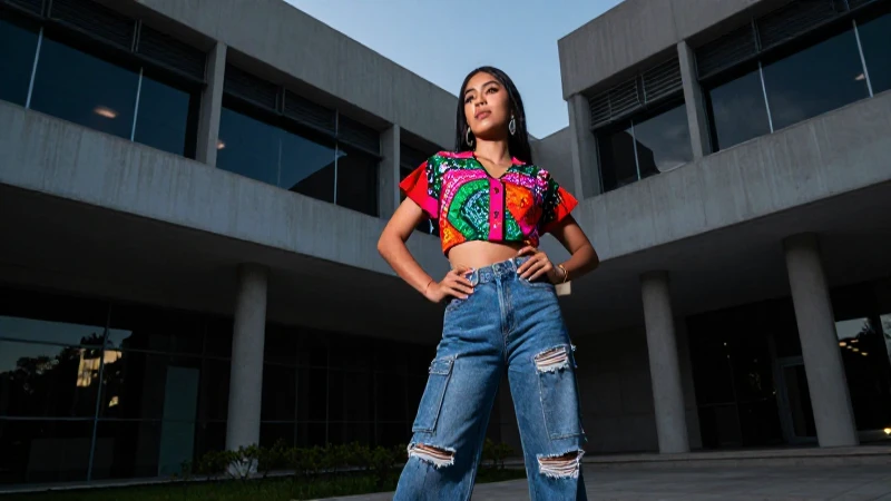Diseño de moda mexicana vibrante en campus moderno