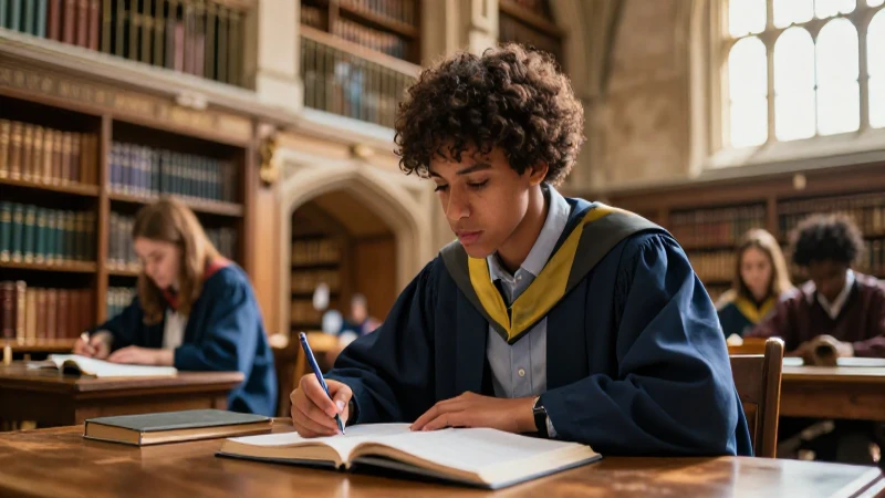 Estudiante diverso estudia en biblioteca histórica