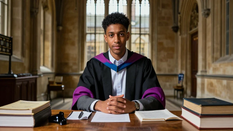 Joven brillante estudiando en antigua Oxford