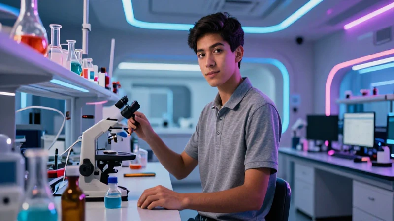 Estudiante de ingeniería en laboratorio futurista de alta tecnología