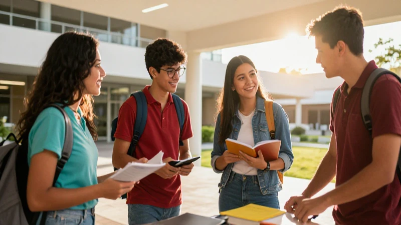 Estudiantes universitarios mexicanos modernos en un campus brillante