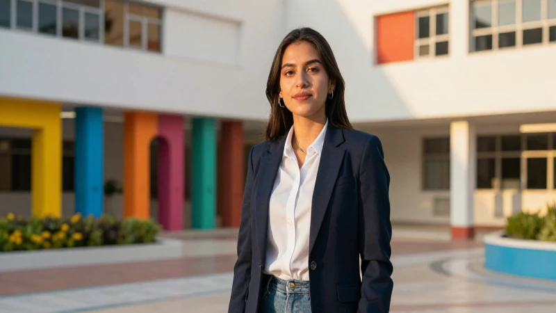 Estudiante mexicano, campus futurista, luz dorada