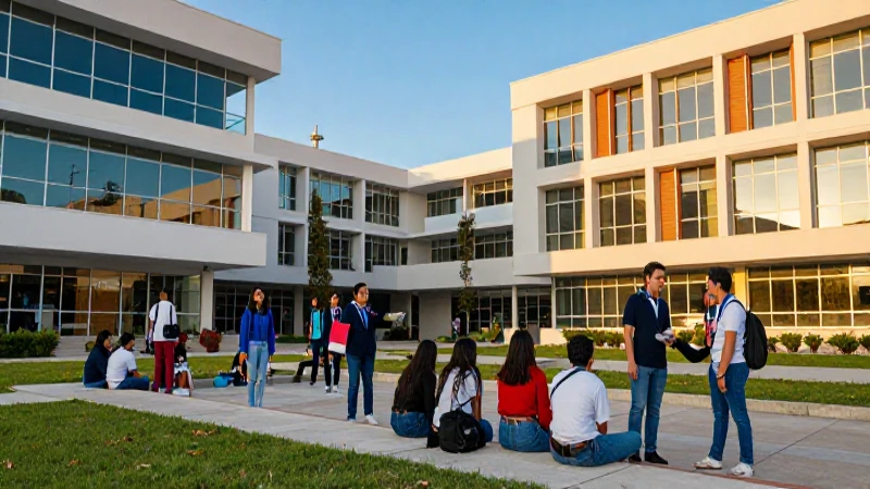 Estudiantes mexicanos en moderno campus bajo luz dorada