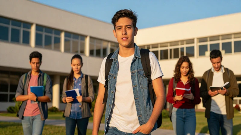 Joven mexicano en campus, reflejando progreso y oportunidad