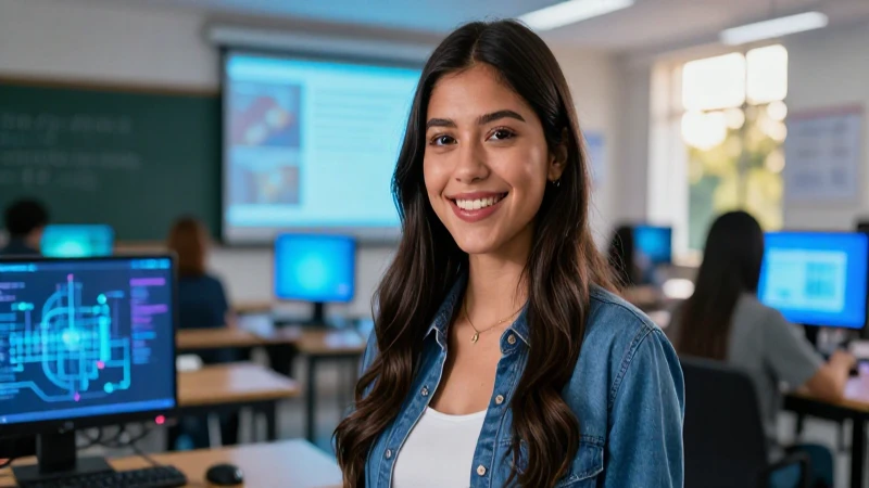 Joven mexicana sonríen en campus tecnológico vibrante