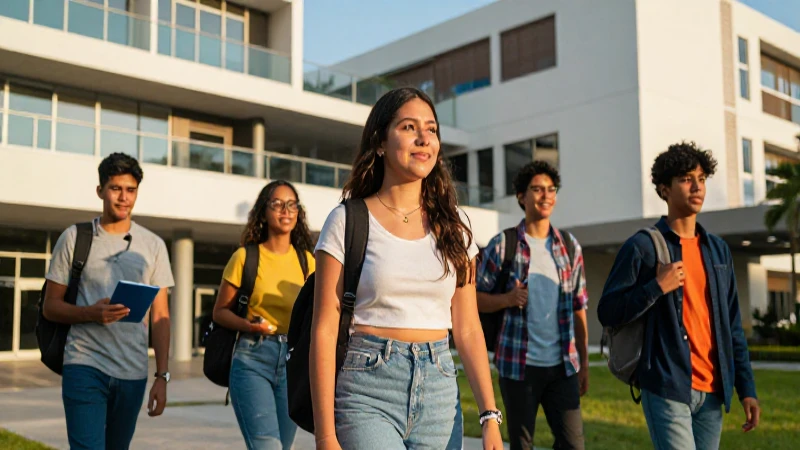 Estudiantes mexicanos en campus moderno al atardecer