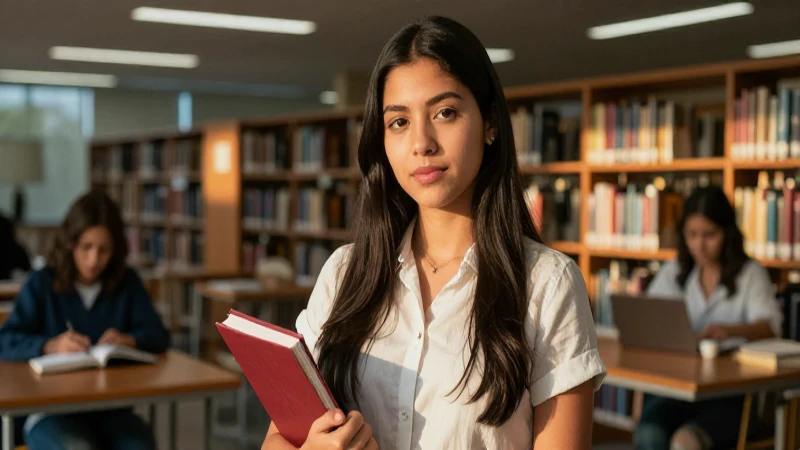 Estudiante mexicana en biblioteca con luz dramática