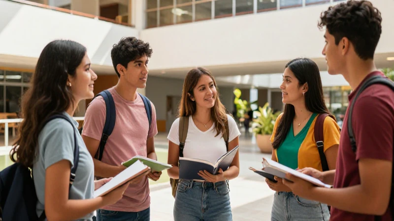 Jóvenes mexicanos colaborando en universidad moderna