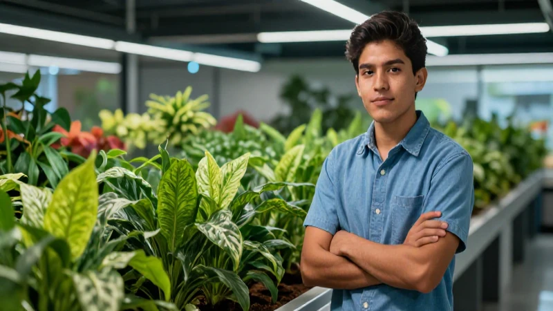Joven estudiante mexicano con tecnología agrícola moderna