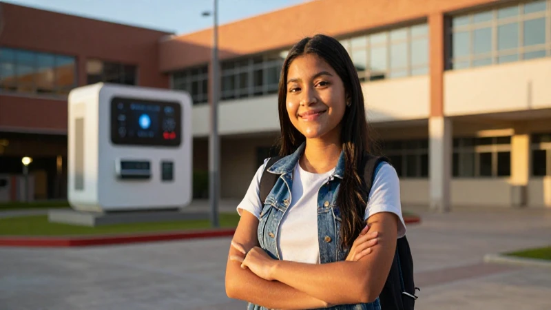 Estudiante mexicano exitoso en campus moderno
