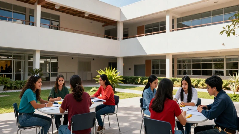 Estudiantes mexicanos en campus moderno, aprendizaje vibrante