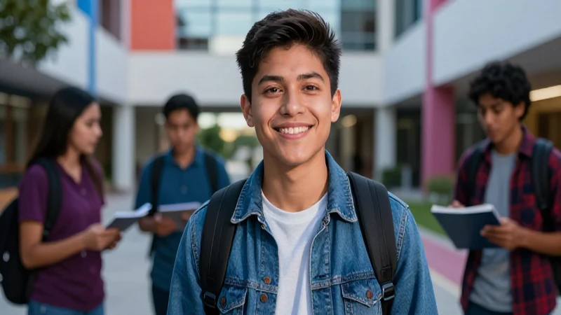 Estudiante mexicano sonríe en campus vibrante