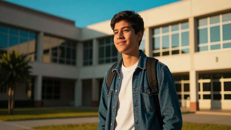 Estudiante mexicano en campus bajo luz dorada