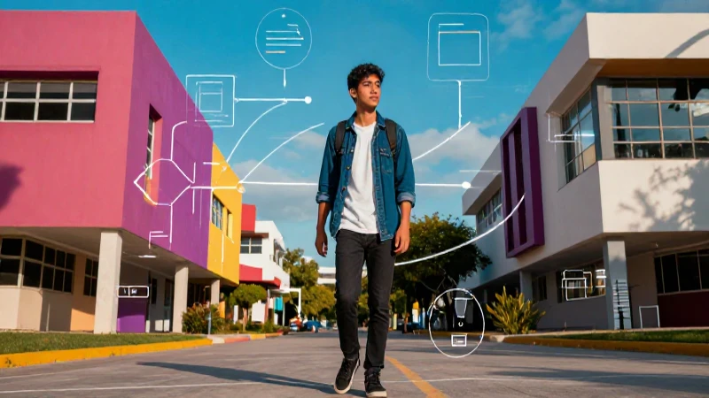 Estudiante mexicano dinámico en campus moderno