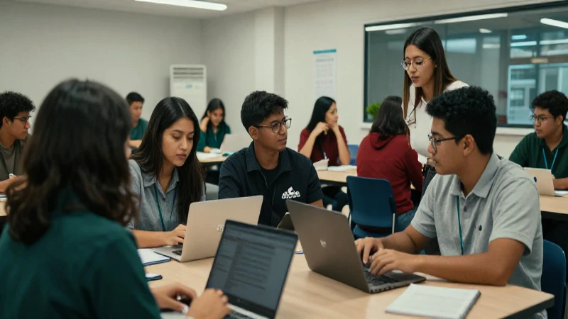 Estudiantes mexicanos colaborando en campus moderno