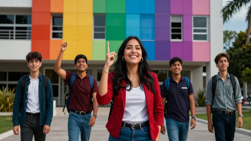 Estudiantes universitarios mexicanos celebrando con luz y dinamismo