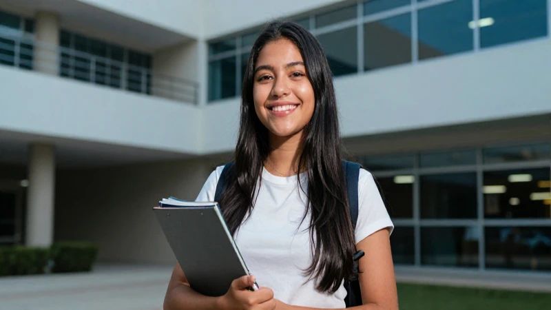 Joven mexicana sonríe en campus universitario moderno