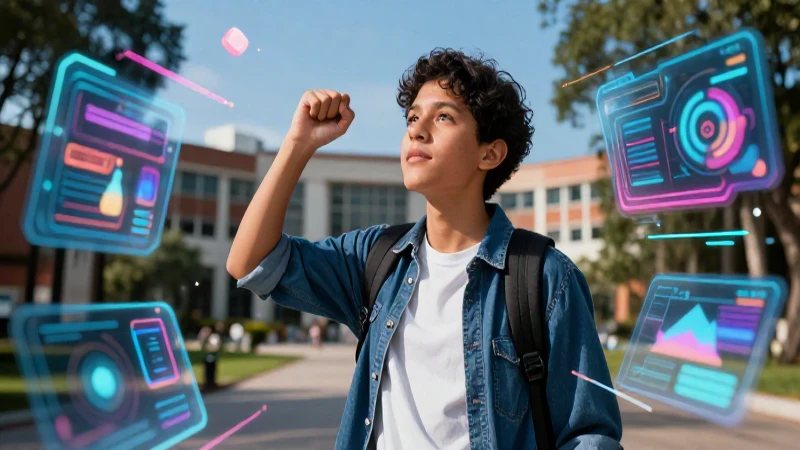 Estudiante mexicano optimista en entorno digital futurista