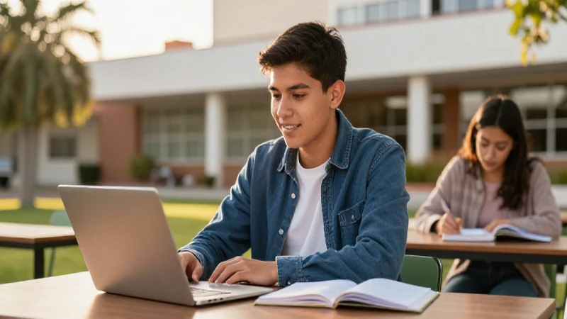 Joven mexicano estudiando en campus, luz dorada
