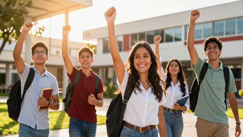 Estudiantes mexicanos celebrando éxito en campus moderno