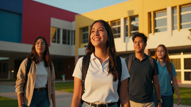 Estudiante mexicano en campus vibrante con luz dorada