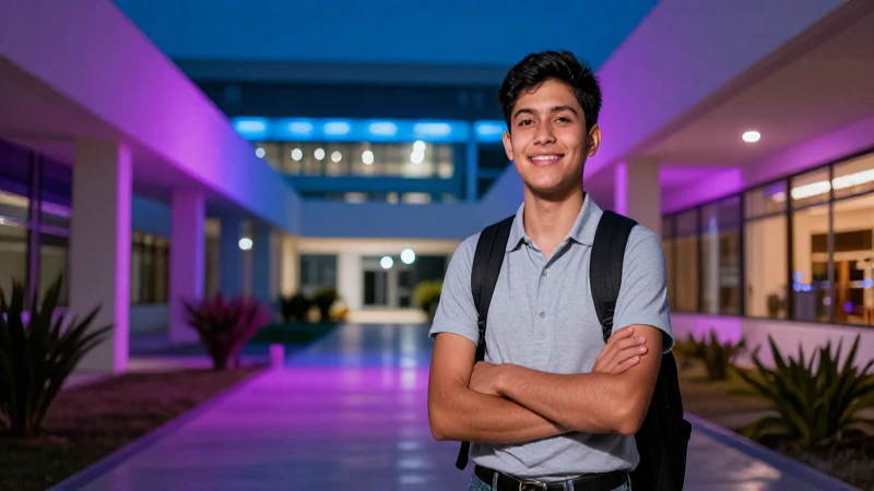 Joven estudiante mexicano en campus moderno y vibrante