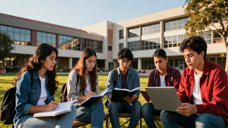 Estudiantes mexicanos en campus con luz dorada