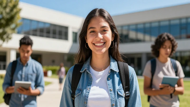 Joven mexicana sonríe en moderno campus