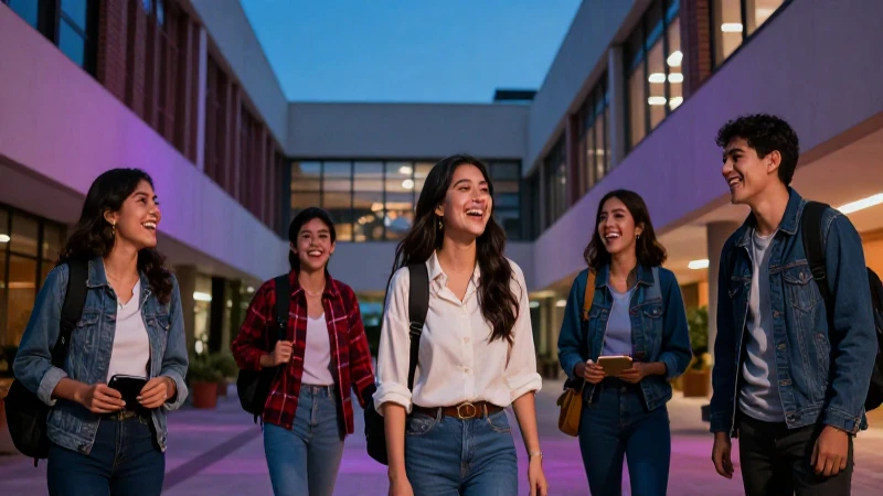 Estudiantes mexicanos felices en campus moderno y vibrante