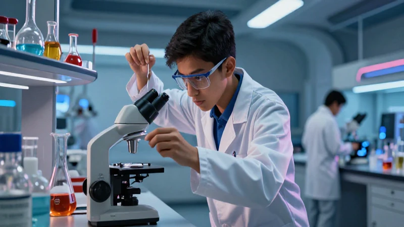Estudiante mexicano en lab futurista, avanzado y vibrante