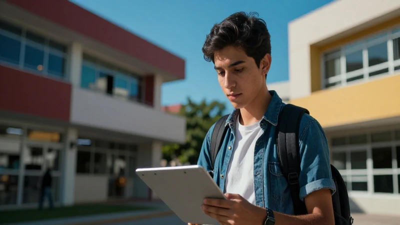 Estudiante mexicano moderno, campus tecnológico dinámico