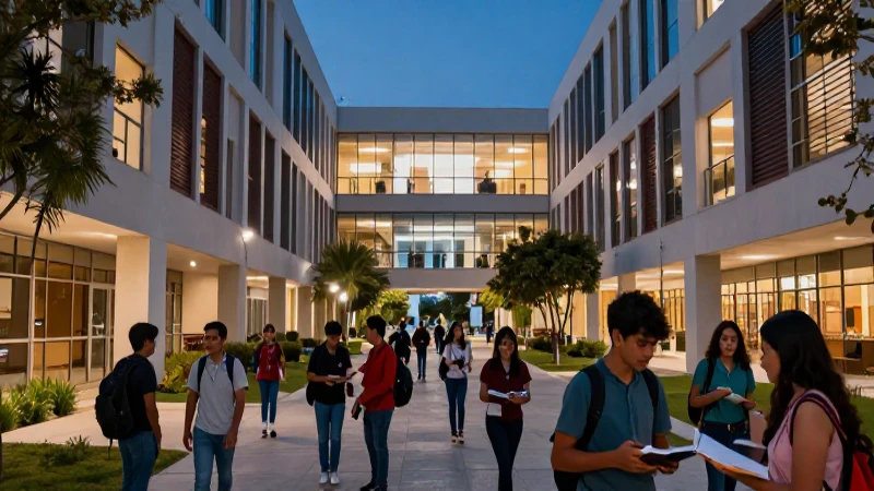 Estudiantes mexicanos en campus moderno e innovador