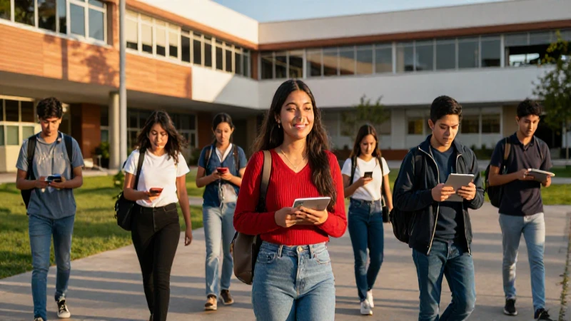 Estudiantes mexicanos dinámicos en campus moderno al atardecer