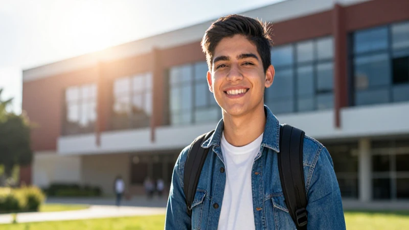 Joven mexicano sonríendo en moderno campus