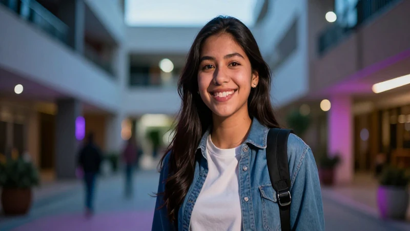 Estudiante mexicana sonriendo en campus moderno