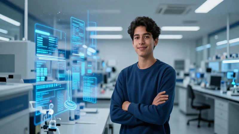 Joven mexicano en laboratorio futurista