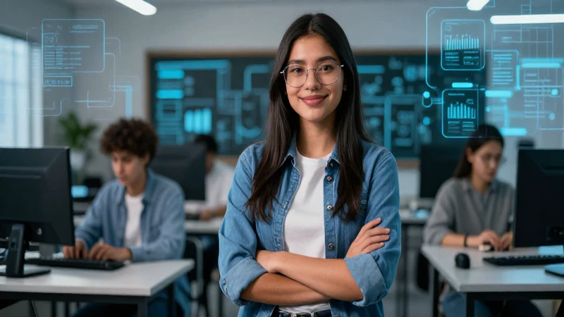 Estudiante mexicano en aula de ingeniería de alta tecnología