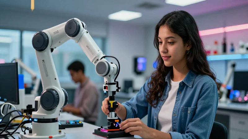 Estudiante mexicano con robot detallado en laboratorio