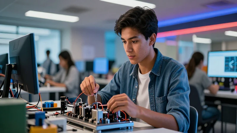 Estudiante de ingeniería interactúa con componentes mecánicos