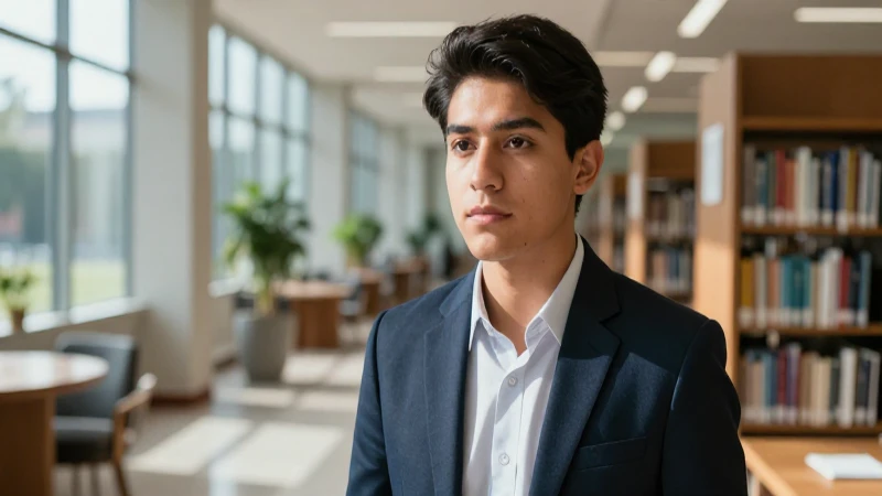 Joven estudiante mexicano enfocado en biblioteca moderna