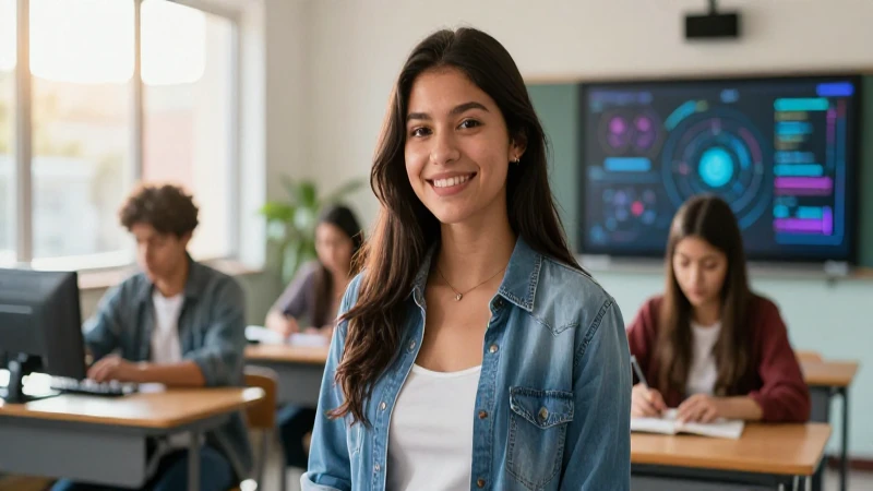 Estudiante mexicano sonriente en aula moderna tecnológica