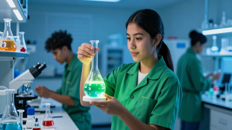 Estudiante mexicano con modelo brillante en laboratorio