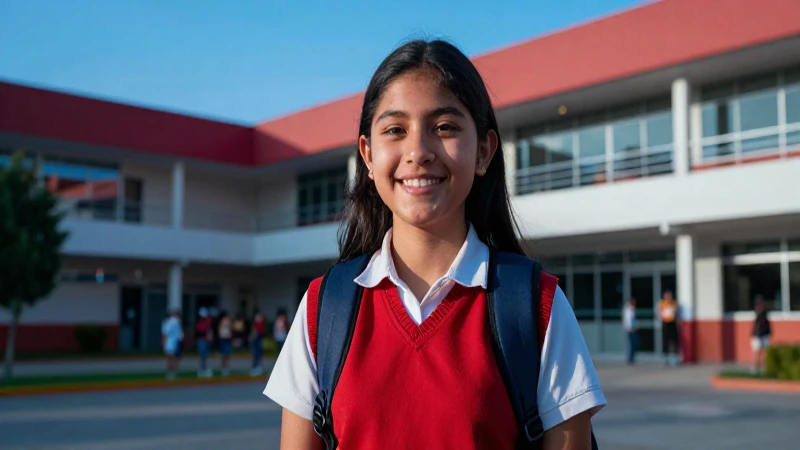 Estudiante mexicano sonriente en campus escolar vibrante