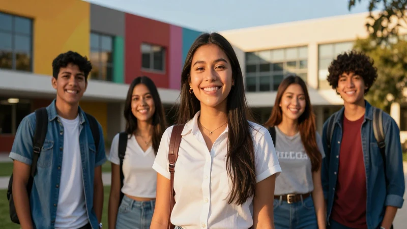 Estudiante sonriente en moderno campus vibrante